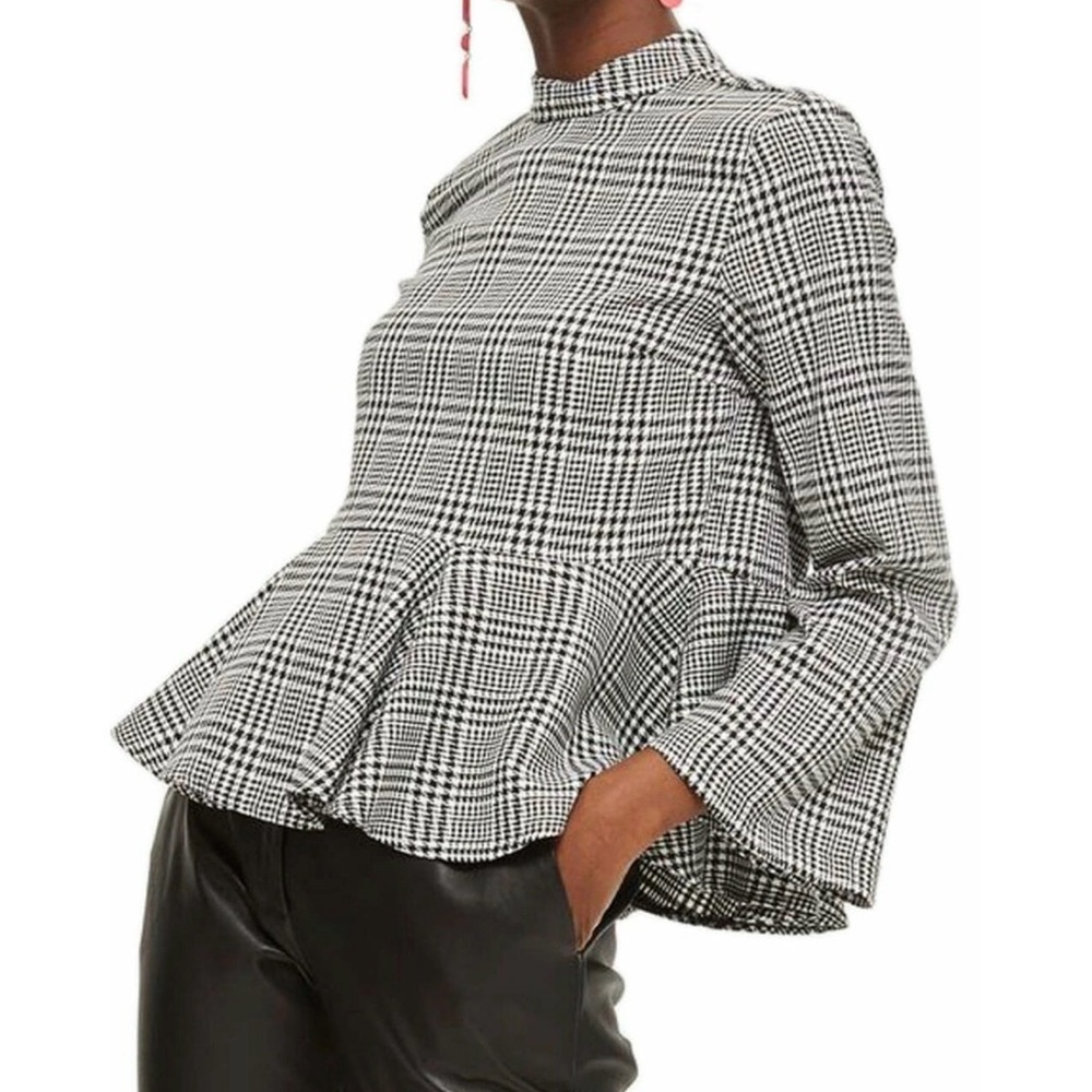 Topshop Peplum‎ Mock Neck Top with Bell Sleeves - Black/White Check Pattern 4